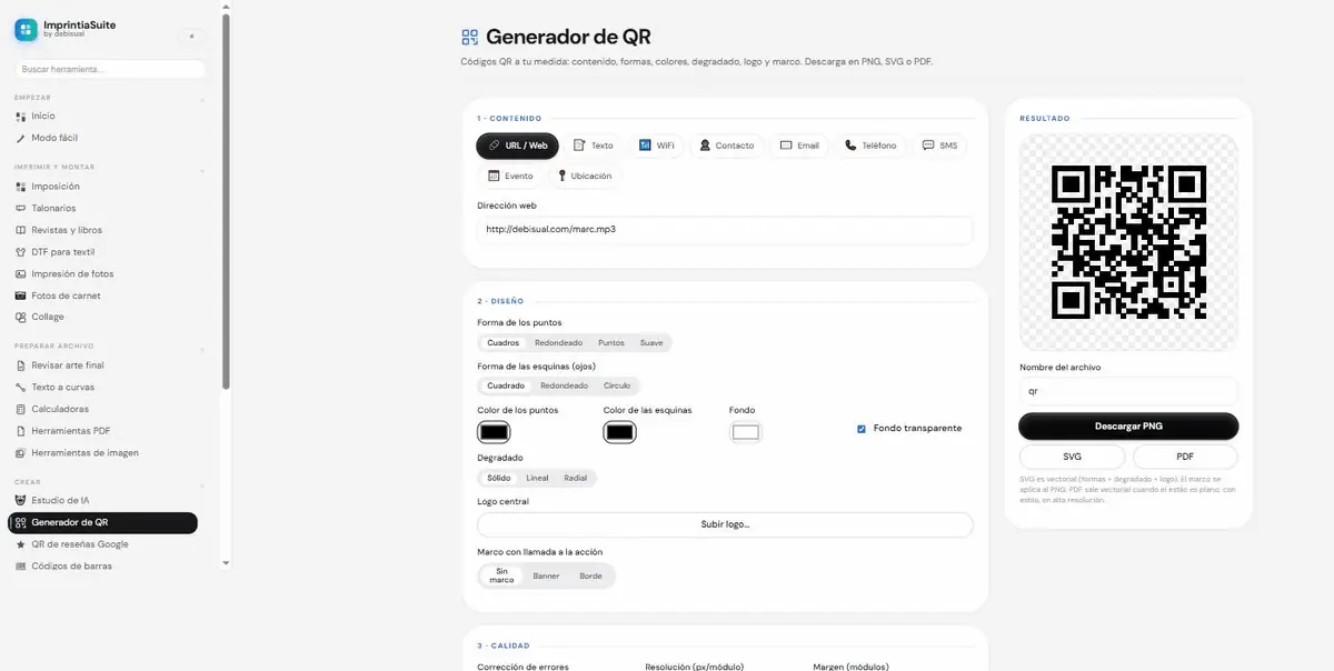 Se escribe la dirección web y el código se rehace al momento. Se cambia el color de los puntos a azul y la forma a redondeada, y el QR de la derecha va cambiando con cada ajuste, listo para descargar en PNG, SVG o PDF.