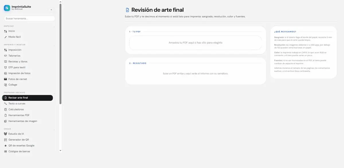 Se suelta un PDF y salen los siete avisos en su semáforo: tamaño de página, sangrado, resolución y color de las imágenes, fuentes, anotaciones y contraseña. Con otro archivo cambian el tamaño detectado y los avisos.